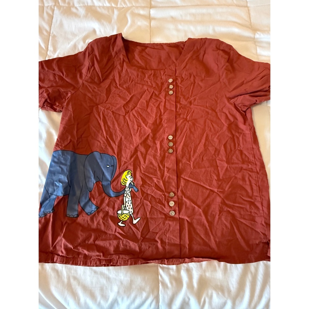 Terracotta Cotton Elephant Graphic Button Front Short Sleeve Top XL